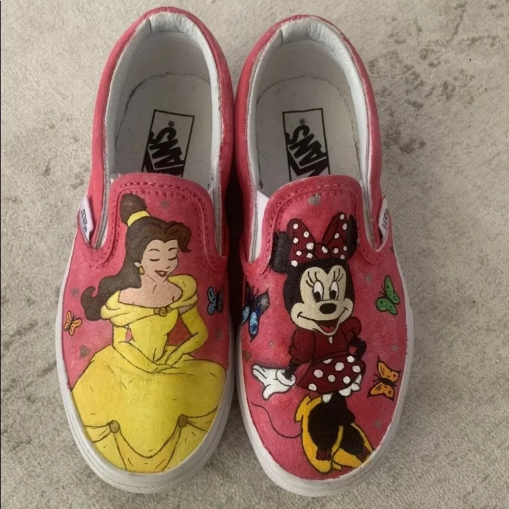 Custom Hand Painted Vans Disney Belle Minnie Mouse Slip On Shoes Girls 12.5 Pink